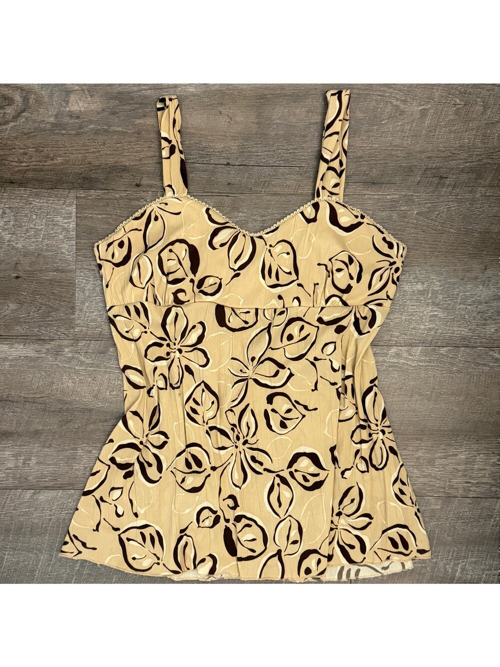 Vintage Y2K Floral Tank Beige Brown Tropical Print Cami Cottagecore Boho Fairy